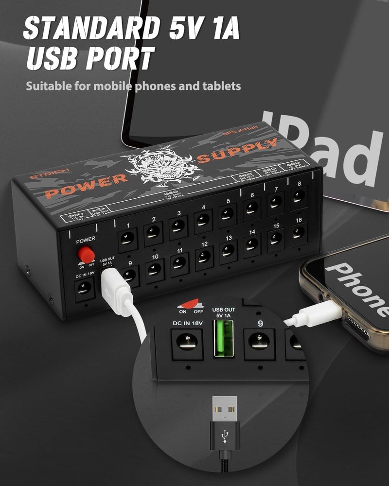 STRICH SPS X-Hub Guitar Pedal Power Supply for 9V/12V/18V, 100mA - 300mA Effects Pedals, 16 Independent Outputs, Short-circuit protection and noiseless, 5V 1A USB Port Supports Mobile Devices, Tablets - Image 4